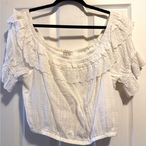 American Eagle White Ruffle Off-Shoulder Crop Top